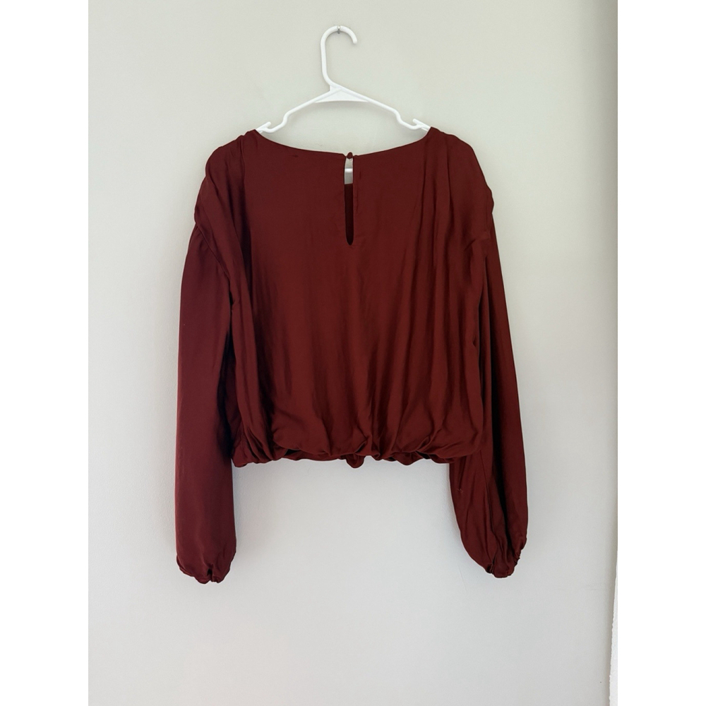 Anthropologie Ruched Peasant Blouse Red S Silky Office Professional Workwear - Picture 2 of 4